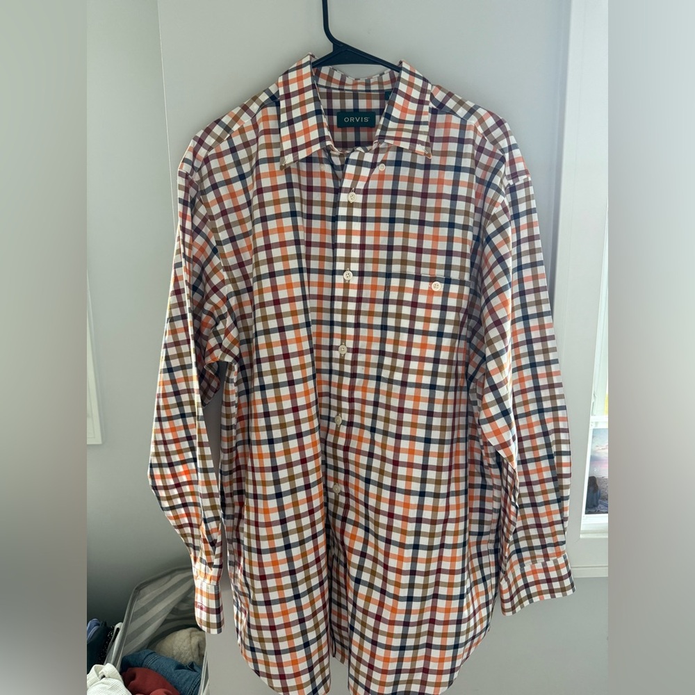 Orvis Orange and Black Casual Button Down Shirt